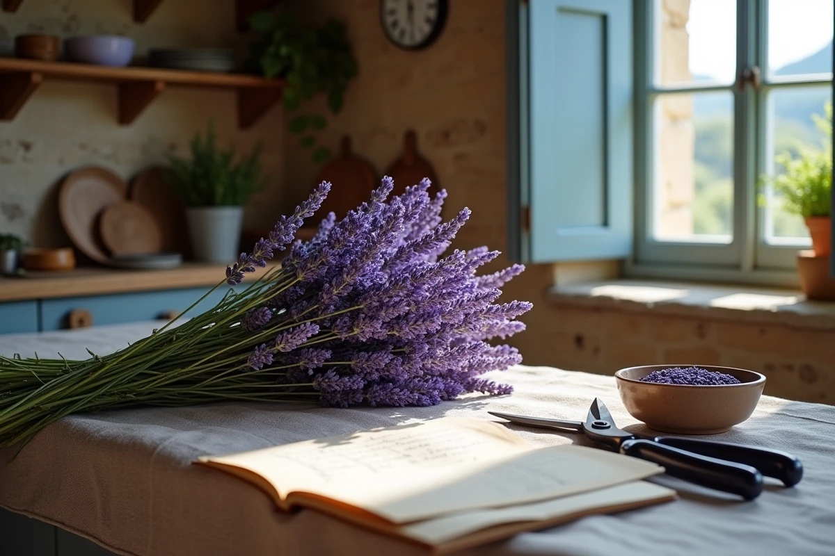 Bouquets de lavande fraîchement récoltée sur une table en pierre avec notes de culture et sécateur usé dans une cuisine provençale