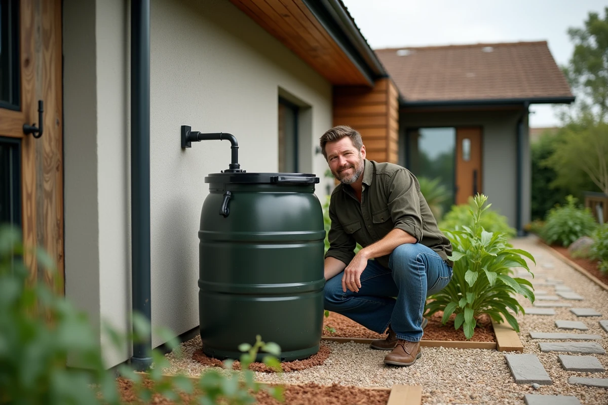 Homme inspectant un récupérateur d'eau de pluie installé sur une maison bioclimatique avec toit végétalisé