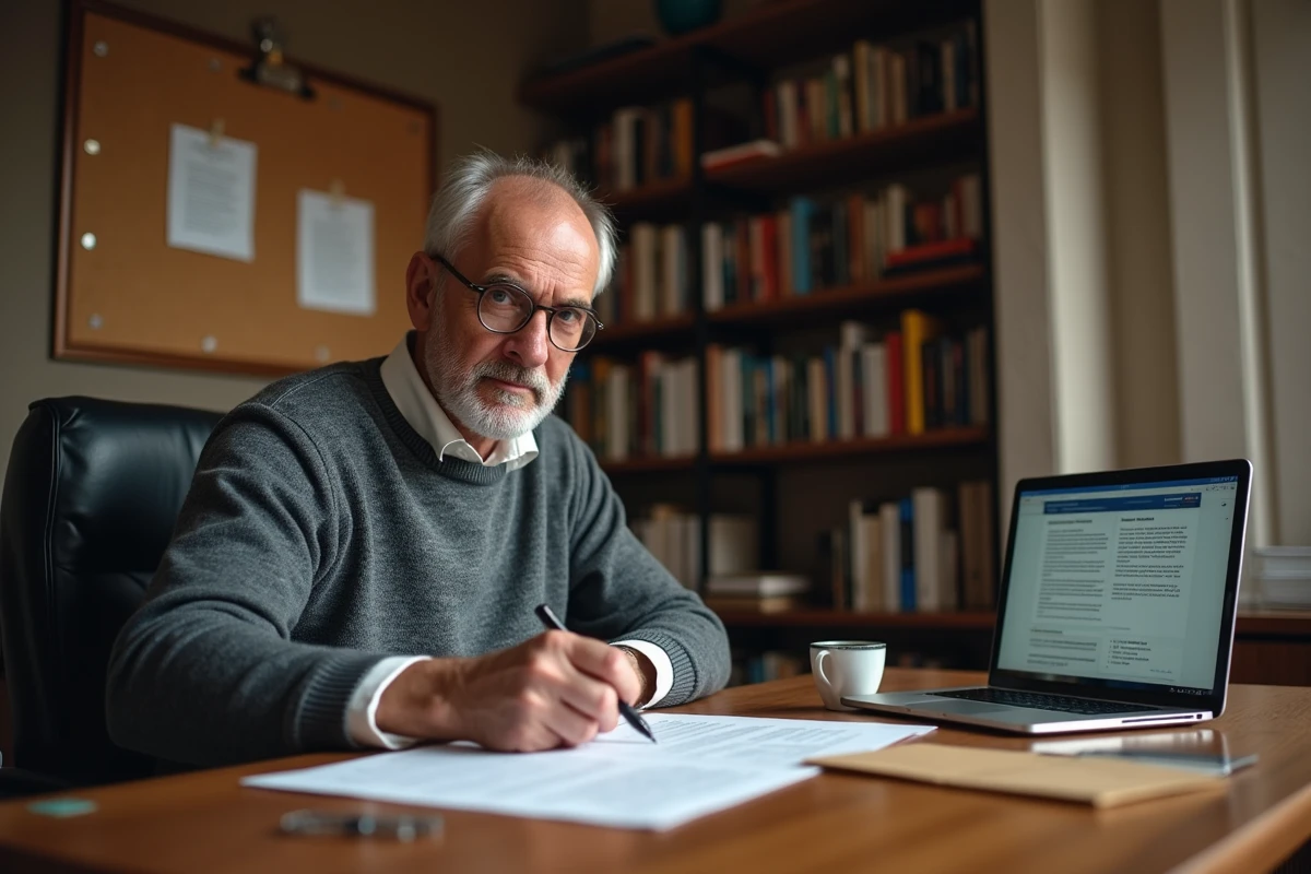 Homme rédigeant une lettre de réclamation officielle à la mairie depuis son domicile