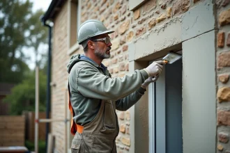 Entrepreneur en train d'appliquer un enduit moderne sur la façade en pierre d'une maison individuelle lors de travaux de rénovation extérieure