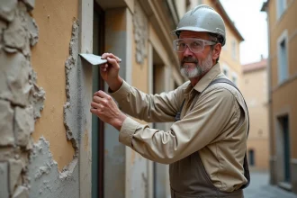 Artisan maçon appliquant un nouvel enduit sur une façade de maison ancienne en pierre dégradée