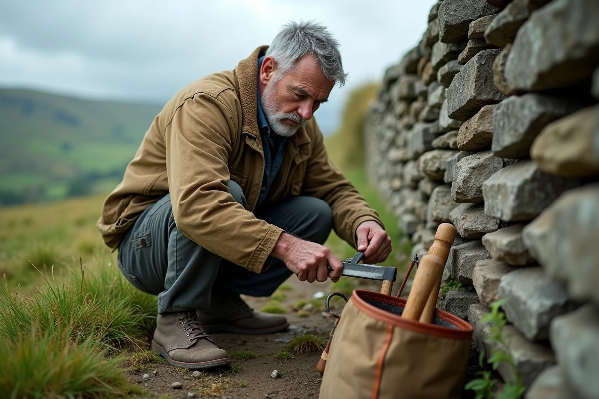 Artisan âgé réparant un mur en pierre sèche avec des outils manuels traditionnels dans un paysage rural