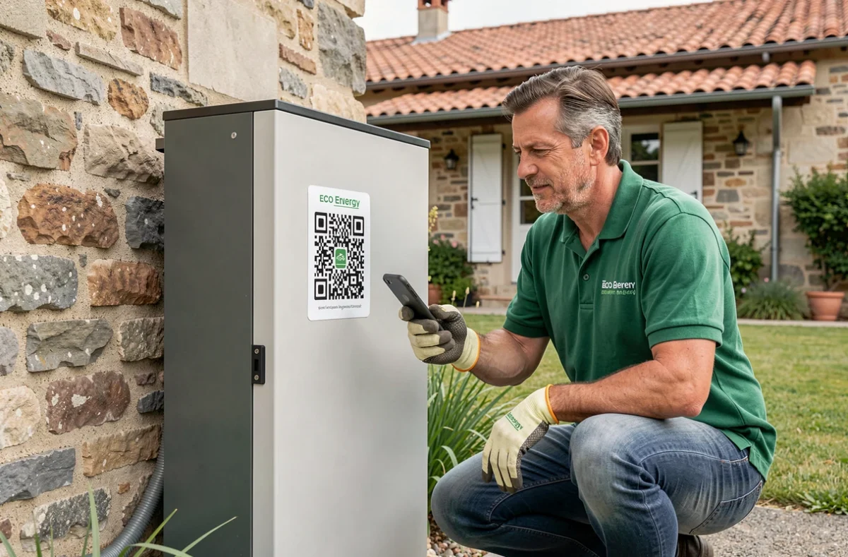Professionnel du réseau Proéco Énergies vérifiant une installation de pompe à chaleur dans le département du Rhône