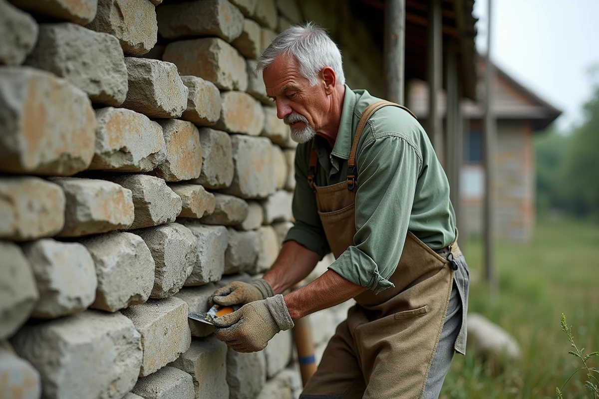 Restauration d'une fondation en pierre ancienne sur une maison rurale par un maçon expérimenté