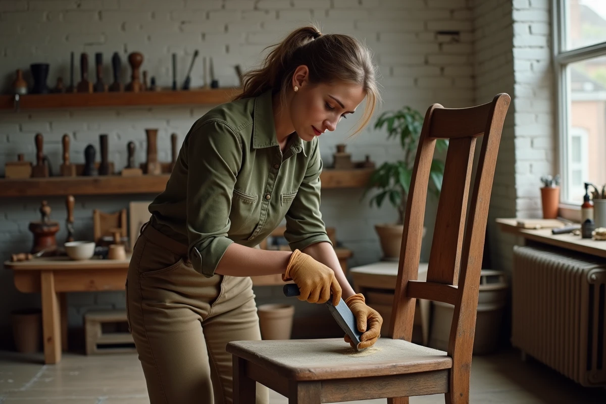 Femme artisane restaurant une chaise ancienne avec des outils manuels dans un atelier de restauration urbain