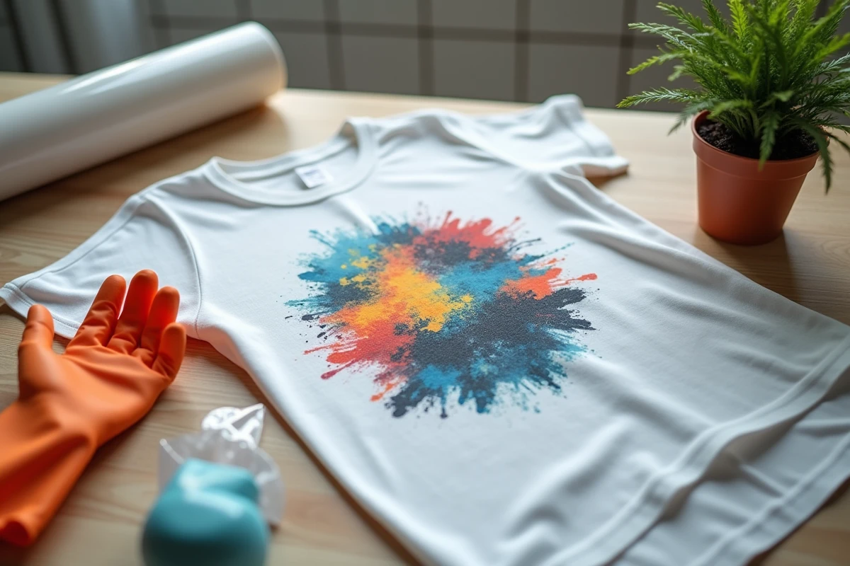 Vue de dessus d'un transfert DTF terminé sur un t-shirt blanc avec film pelé et matériaux de transfert disposés sur une table en bois