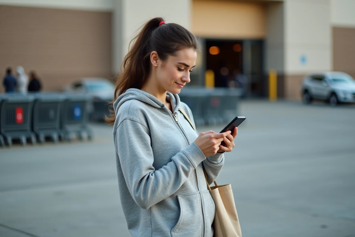 Femme vérifiant sur smartphone les détails de son retrait de marchandises Alinea devant le magasin