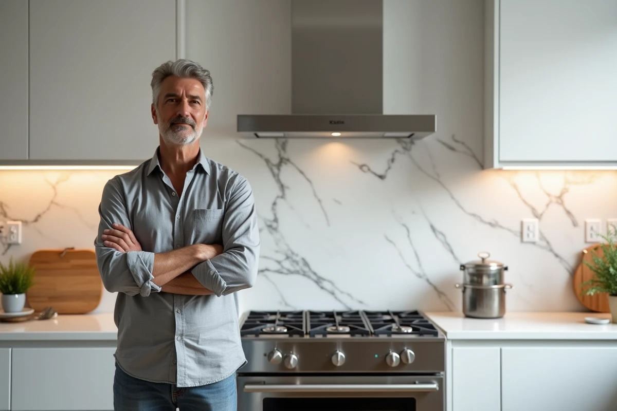 Homme inspectant un revêtement mural autocollant effet marbre posé sur la crédence d'une cuisine humide