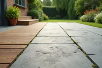 Comparaison de revêtements de sol extérieurs résistants : pierre naturelle, bois composite et dalle béton sur une terrasse résidentielle