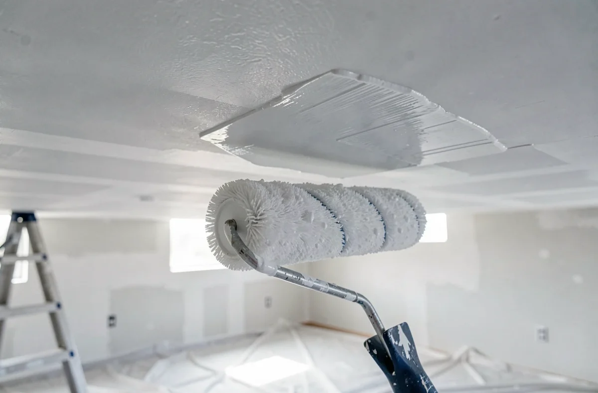 Gros plan sur un rouleau de peinture blanche appliquée sur le plafond d'une maison neuve