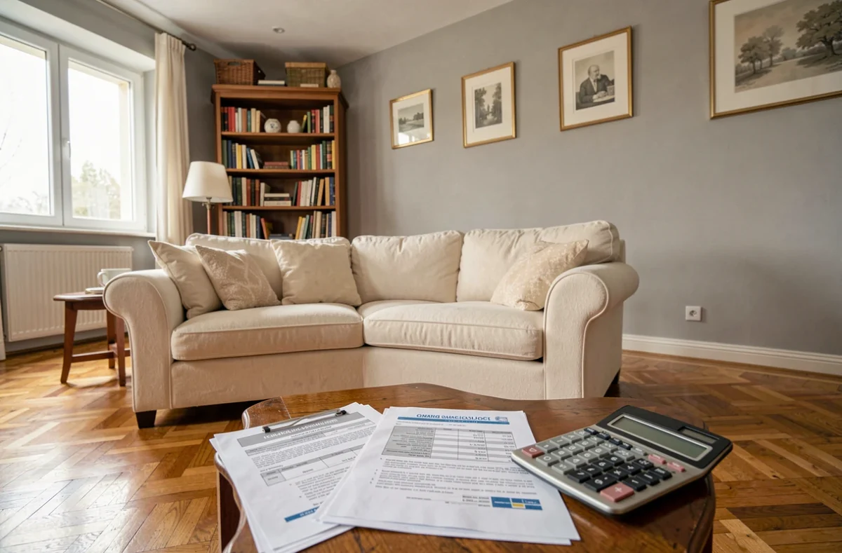Intérieur d'un salon de maison de 120m2 avec documents d'assurance habitation sur la table basse