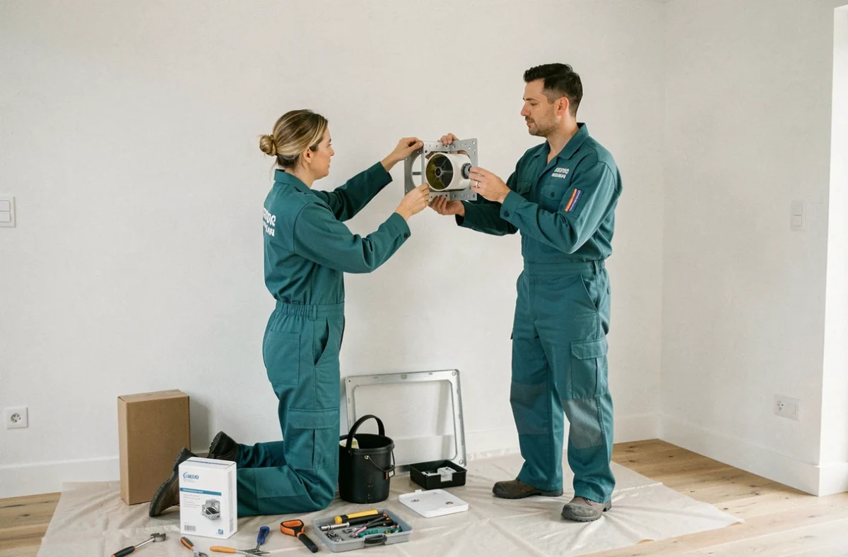 Équipe Sarl C'Marion réalisant l'installation et l'entretien d'une pompe à chaleur dans un intérieur français