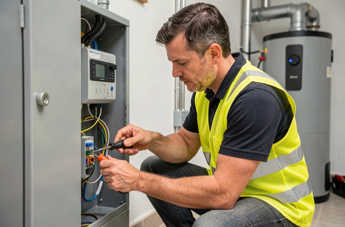 Technicien SARL Références Électriques câblant le tableau électrique d'une pompe à chaleur résidentielle