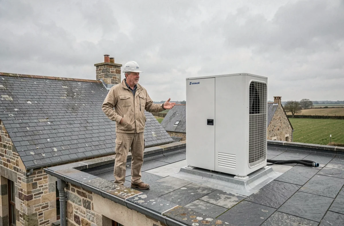 Artisan Société Nouvelle Toiture Pouessel sur un toit breton rénové avec installation d'une pompe à chaleur