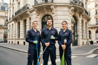 Équipe de professionnels du ménage en uniforme devant un immeuble haussmannien parisien, représentant les sociétés de ménage à domicile en Île-de-France