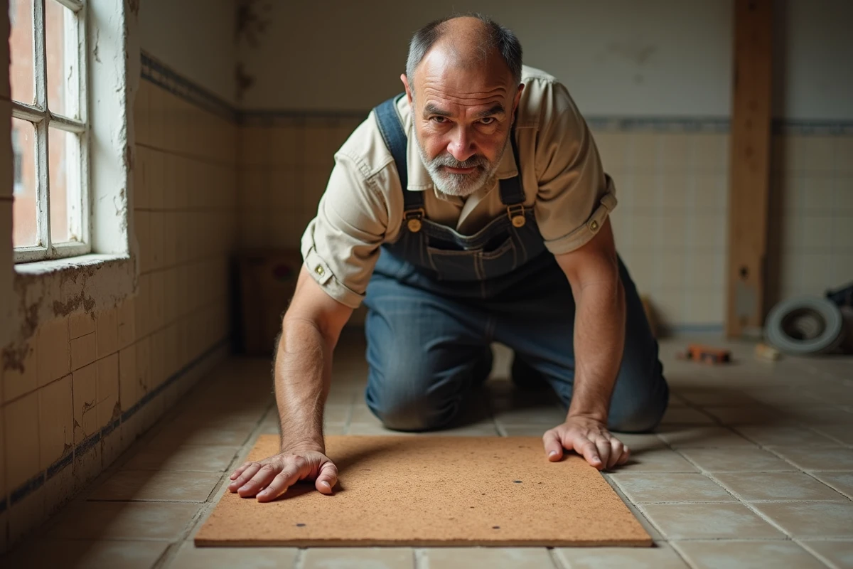 Artisan inspectant un revêtement de sol en liège déformé et endommagé par l'humidité dans un intérieur résidentiel
