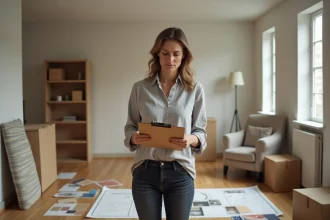 Femme fatiguée entourée de cartons et d'échantillons de matériaux lors d'une préparation de home staging dans un salon en cours d'aménagement