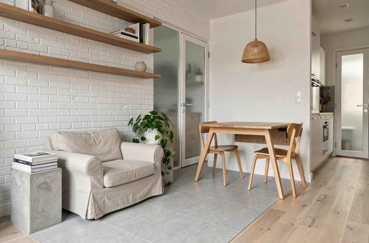 Studio scandinave avec coin salon en parquet frêne et coin repas en carrelage porcelaine gris, décoration minimaliste