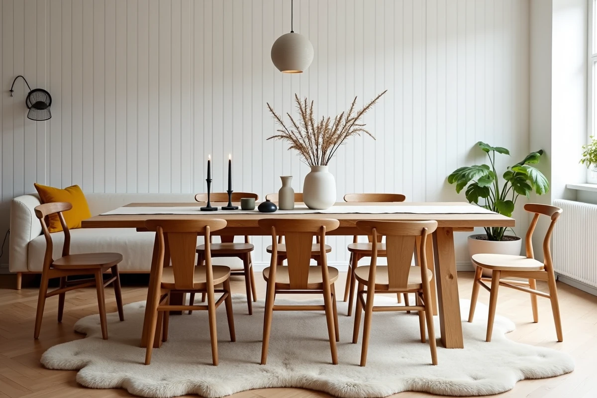 Table en bois brut style scandinave intégrée dans un salon épuré avec tapis en peau de mouton et mur en lambris blanc
