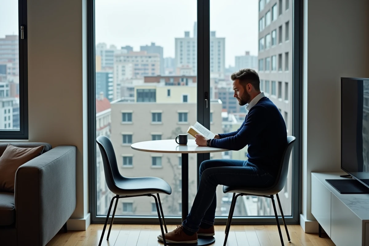 Petite table ronde en marbre avec chaises metal dans un salon d'appartement compact avec vue sur la ville