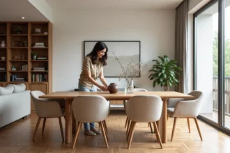 Table de salle à manger en chêne intégrée dans un salon moderne avec canapé gris et bibliothèque en arrière-plan