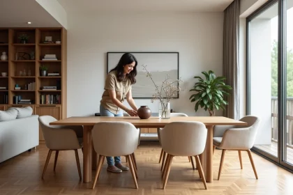 Table de salle à manger en chêne intégrée dans un salon moderne avec canapé gris et bibliothèque en arrière-plan