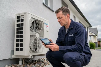 Technicien CVC lisant un code erreur sur une pompe à chaleur Hitachi installée en extérieur