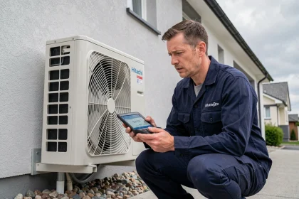 Technicien CVC lisant un code erreur sur une pompe à chaleur Hitachi installée en extérieur