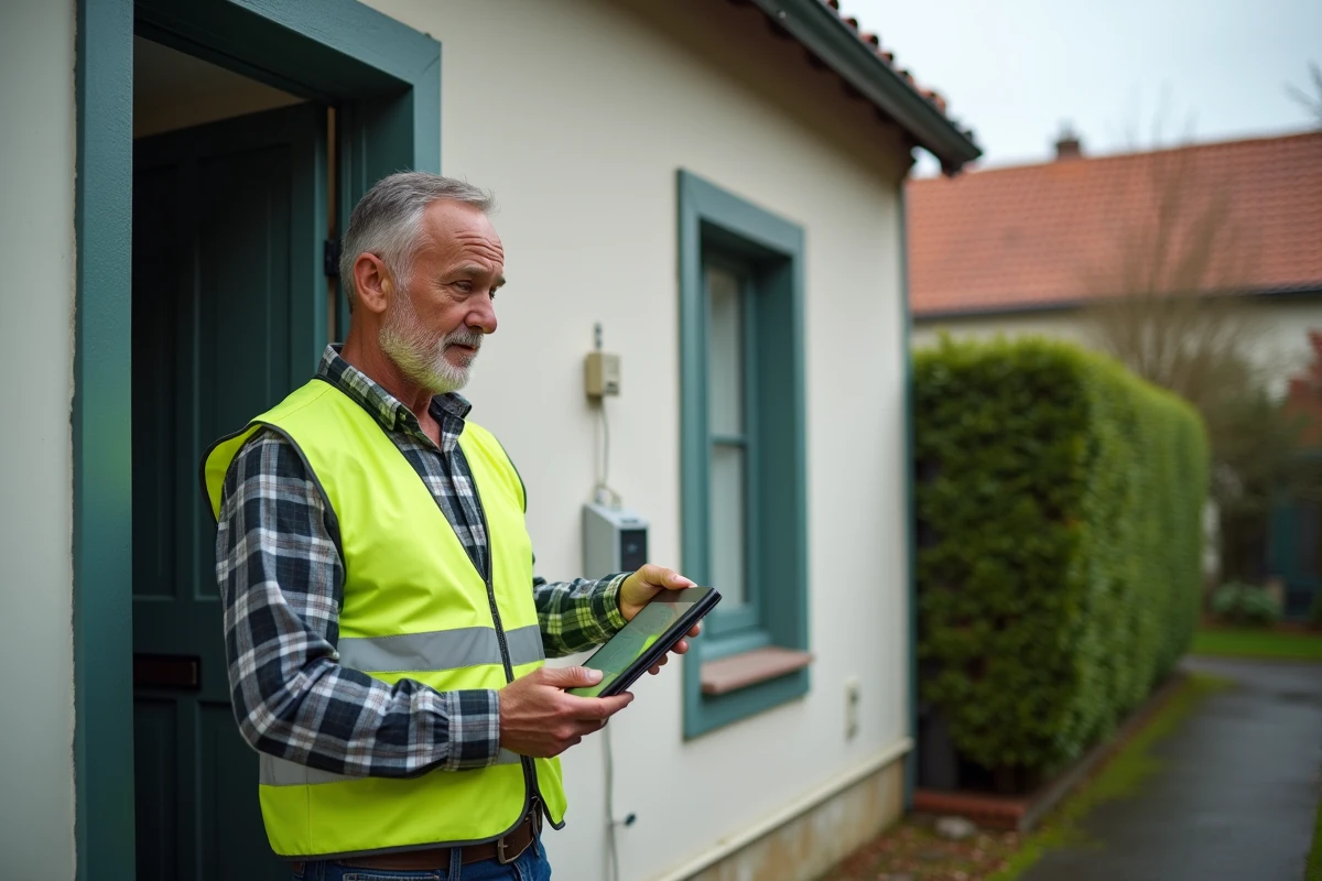 Technicien en diagnostic énergétique testant l'étanchéité à l'air d'une maison individuelle avec un équipement de porte soufflante