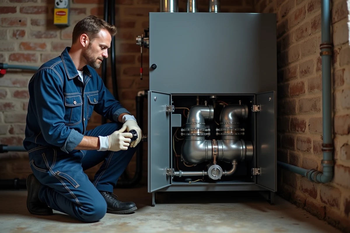 Technicien en chauffage inspectant l'échangeur thermique interne d'une chaudière à condensation dans un sous-sol avec murs en briques apparentes