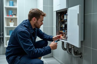 Technicien en train d'inspecter une chaudière électrique de chauffage central dans une chaufferie domestique