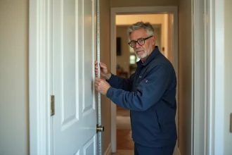 Technicien mesurant une porte PVC épaisse pour l'installation d'une chatière