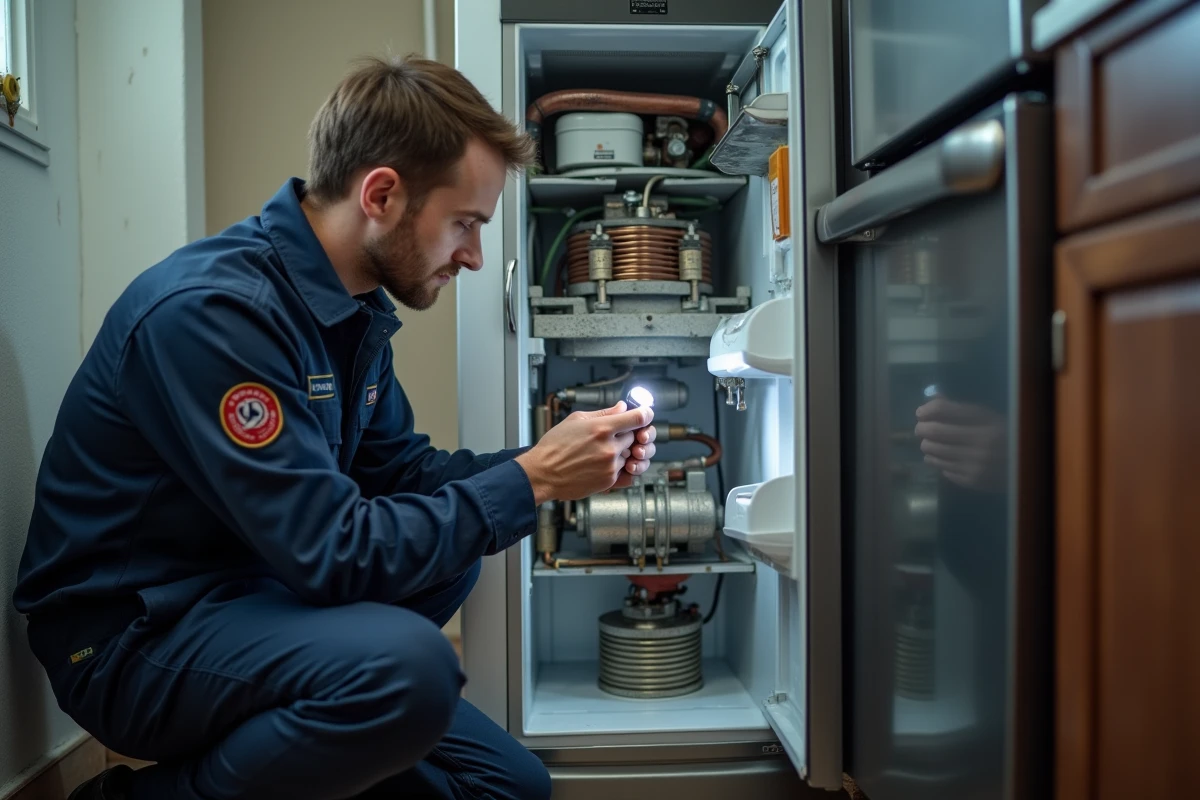 Technicien inspectant le compresseur et les serpentins d'un réfrigérateur déconnecté pour diagnostiquer sa durée de vie restante