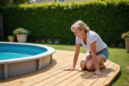 Terrasse en bois entourant une piscine hors sol dans un jardin résidentiel