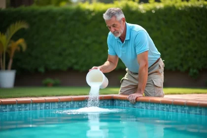 Homme versant du chlore choc dans une piscine résidentielle turquoise par une journée d'été