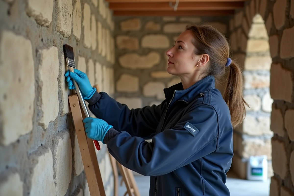 Femme appliquant un produit d'étanchéité sur les murs humides d'une cave à vin