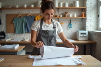 Femme en tablier réalisant un transfert DTF à domicile en décollant un film imprimé sur une table de travail en bois