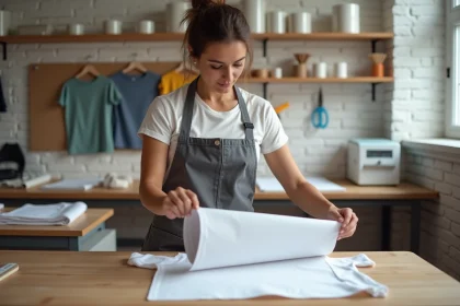 Femme en tablier réalisant un transfert DTF à domicile en décollant un film imprimé sur une table de travail en bois