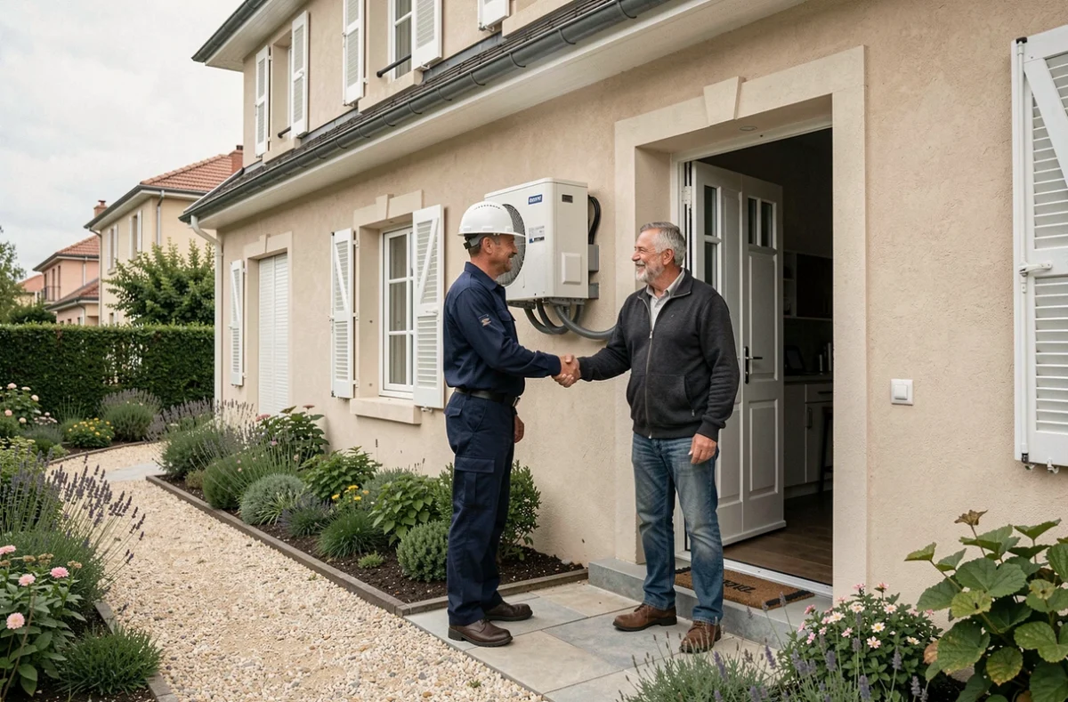 Installateur de pompe à chaleur recommandé par Travaux.com serrant la main d'un propriétaire satisfait à Lyon