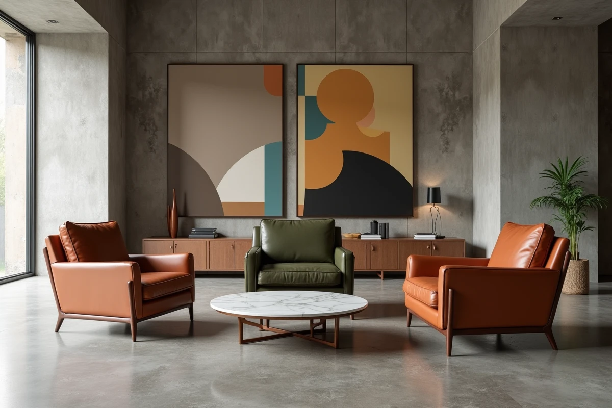 Trois fauteuils disposés en triangle dans un grand salon mid-century avec table en marbre