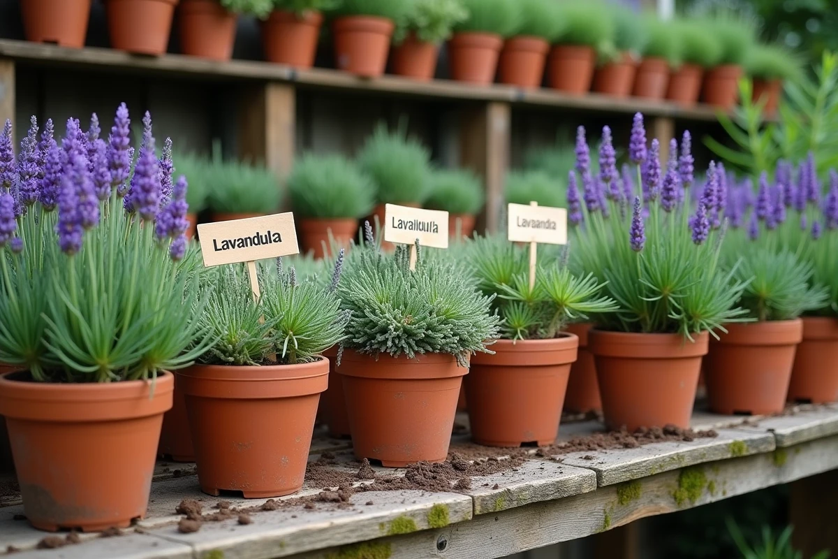 Différentes variétés de lavande dans des pots en terre cuite avec étiquettes botaniques sur une table de rempotage en bois