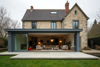 Véranda en verre et aluminium accolée à une maison en pierre, vue depuis le jardin
