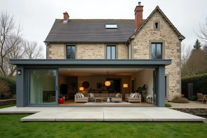 Véranda en verre et aluminium accolée à une maison en pierre, vue depuis le jardin