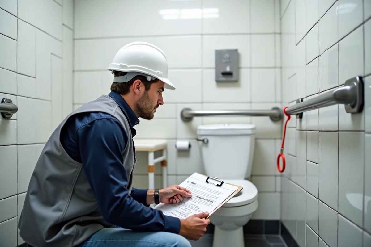 Architecte vérifiant la conformité PMR d'une salle de bain accessible avec barres d'appui et équipements adaptés