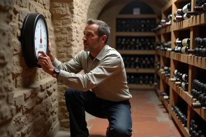 Homme vérifiant le taux d'humidité dans une cave à vin avec un hygromètre mural
