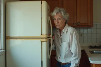 Femme d'âge moyen inspectant un vieux réfrigérateur blanc dans une cuisine ancienne