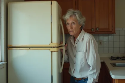 Femme d'âge moyen inspectant un vieux réfrigérateur blanc dans une cuisine ancienne