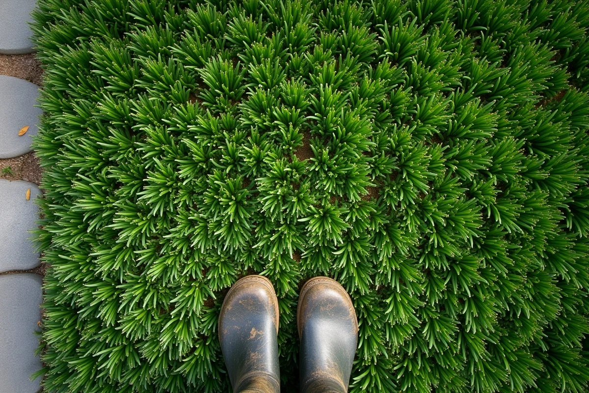 Vue aérienne rapprochée d'une pelouse entièrement verte et dense avec des bottes de jardinage sur le bord