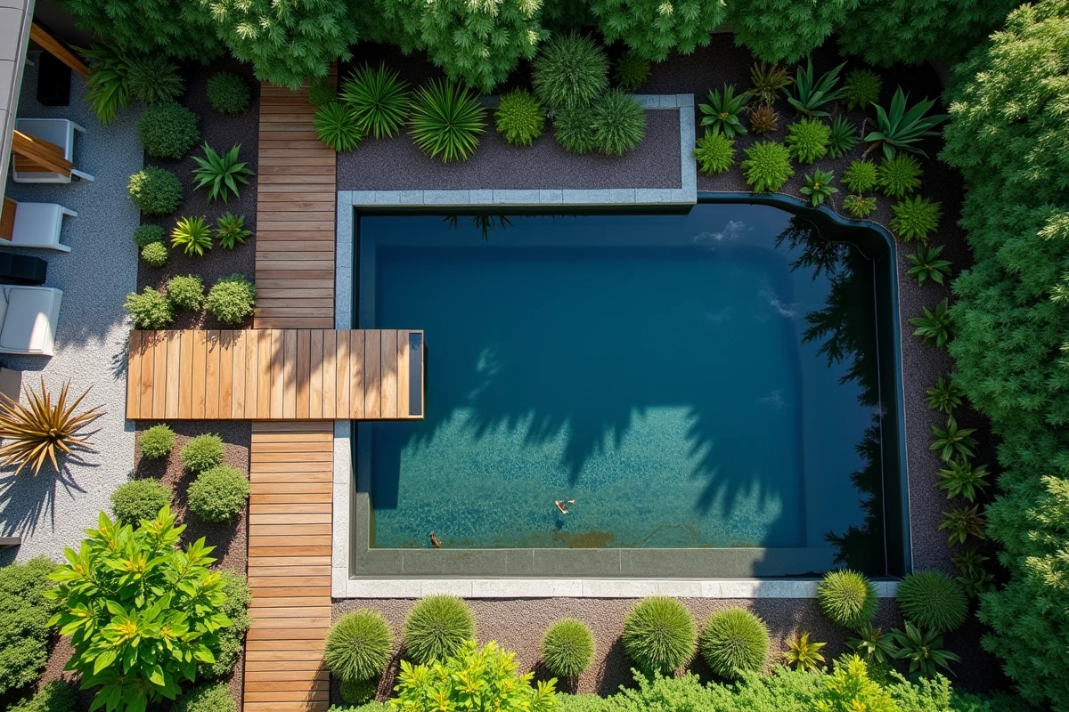 Vue aérienne d'une piscine naturelle compacte avec zone de baignade et zone de lagunage végétale en jardin urbain