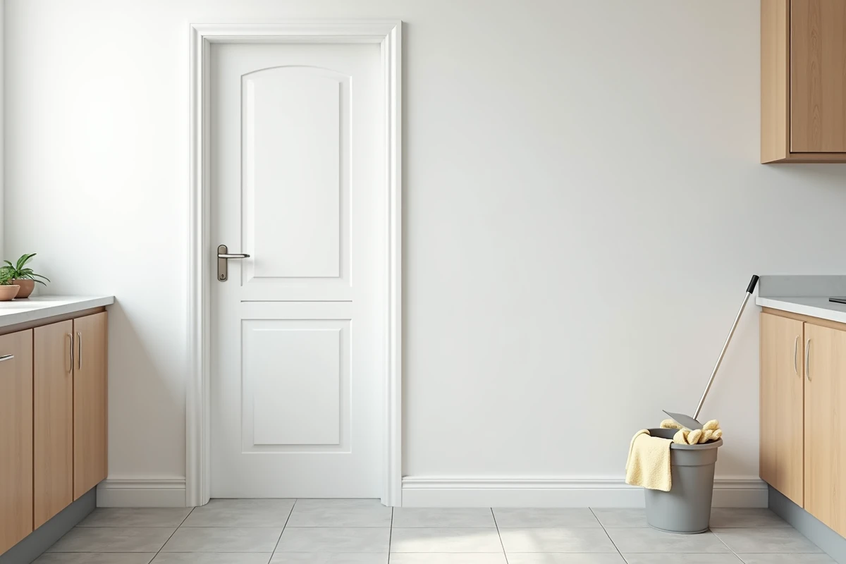 Vue d'ensemble d'une cuisine propre avec un mur blanc nettoyé, une porte ouverte et du matériel de nettoyage au sol